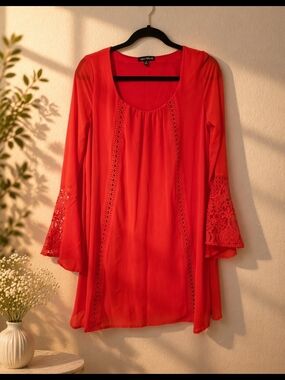 Sequin Hearts Red Lace-Trim Long Sleeve Tunic